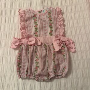 The Smocked Flamingo Pink Floral Ruffle Bow LSF style Baby Smock